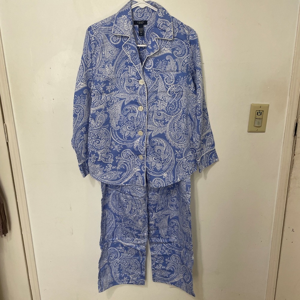 Chaps Womens Blue White Paisley Cotton Pajama Set Button Front Long Sleeve Small